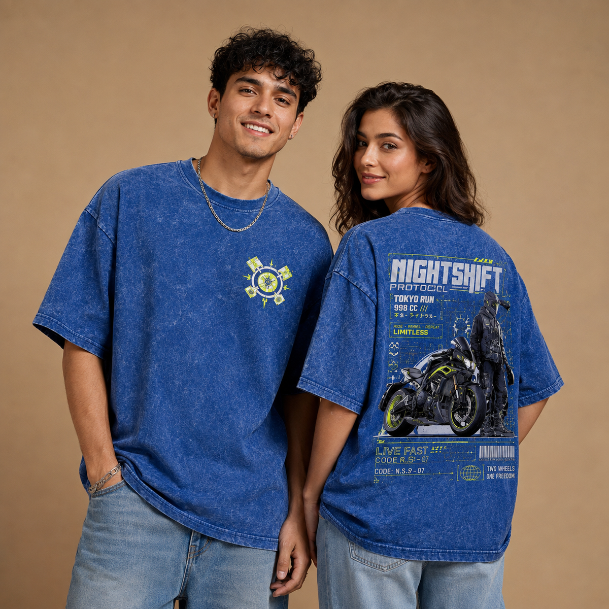 Nightshift Protocol – Royal Blue Acid Wash Oversized T-Shirt