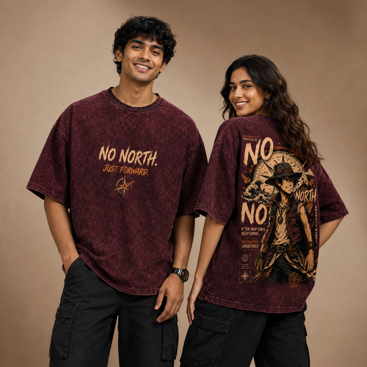 NO NORTH – Maroon Acid Wash Oversized T-Shirt