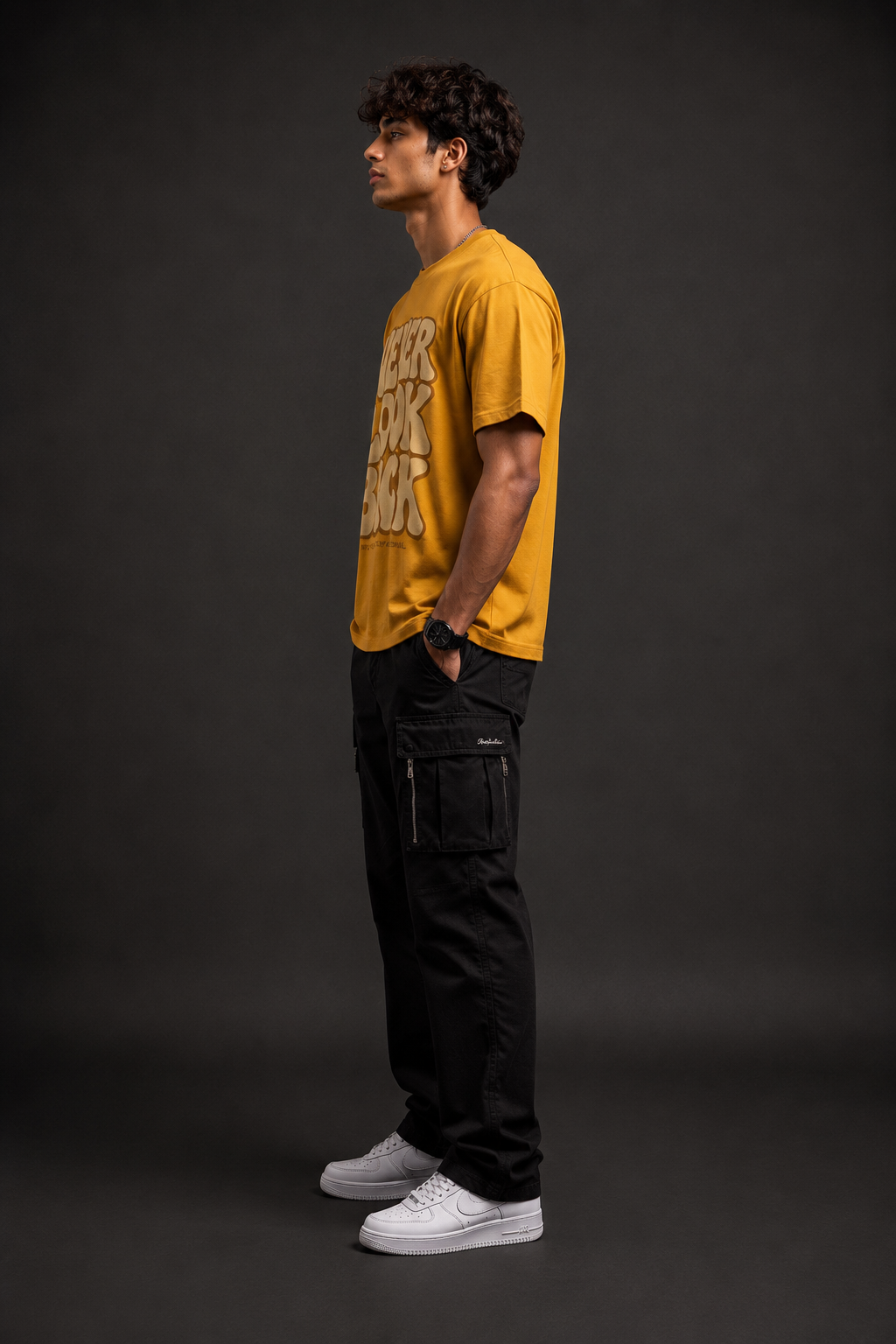 Never Look Back Classic Fit Graphic T-Shirt – Mustard Yellow