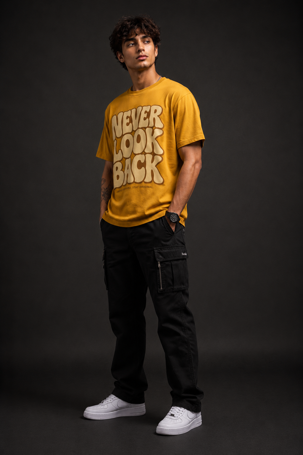 Never Look Back Classic Fit Graphic T-Shirt – Mustard Yellow