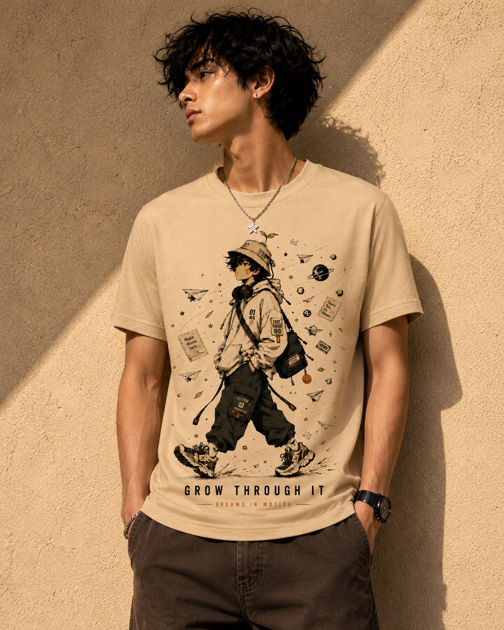 Sprout Boy Graphic T-Shirt | Beige Cotton Casual Tee