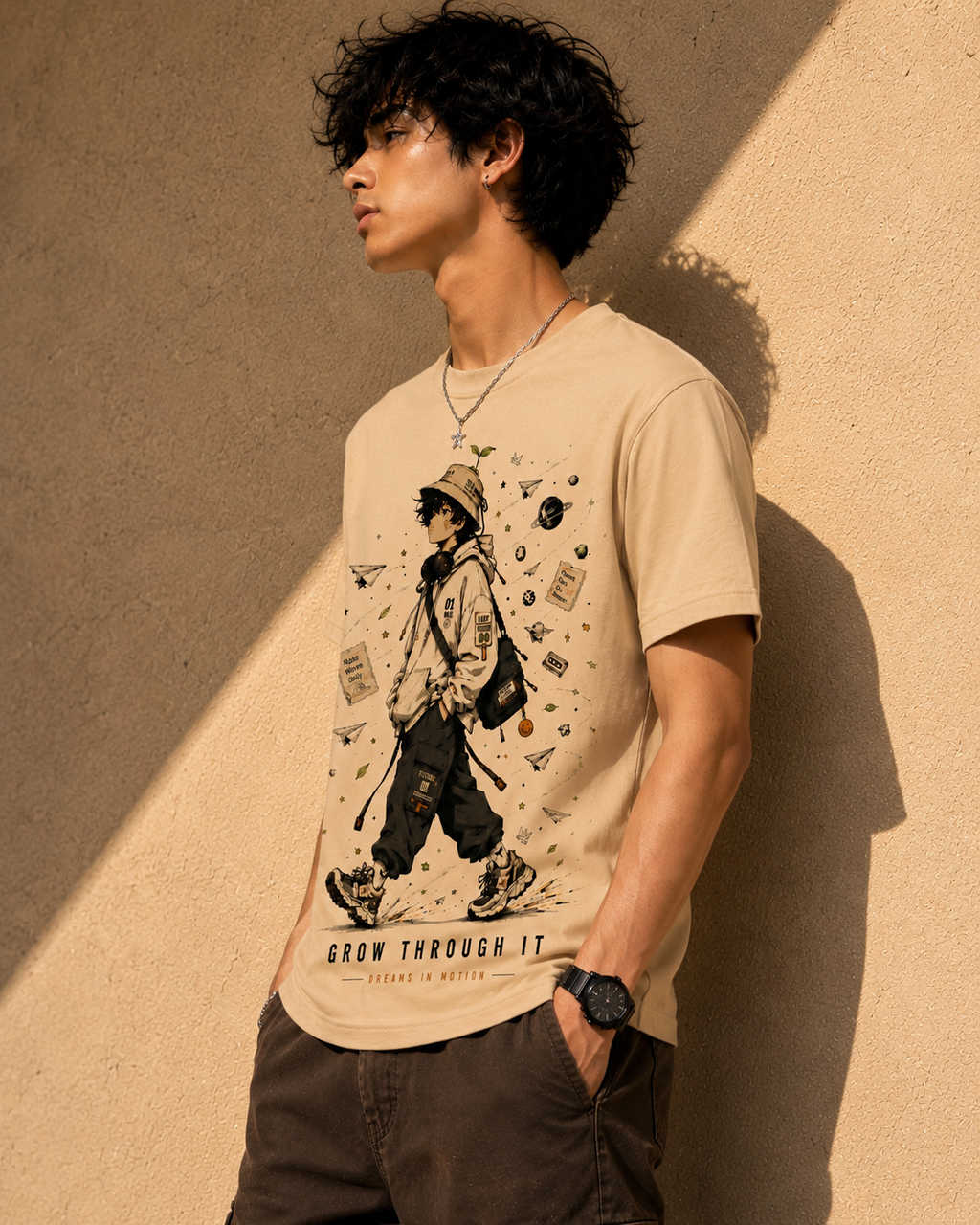 Sprout Boy Graphic T-Shirt | Beige Cotton Casual Tee