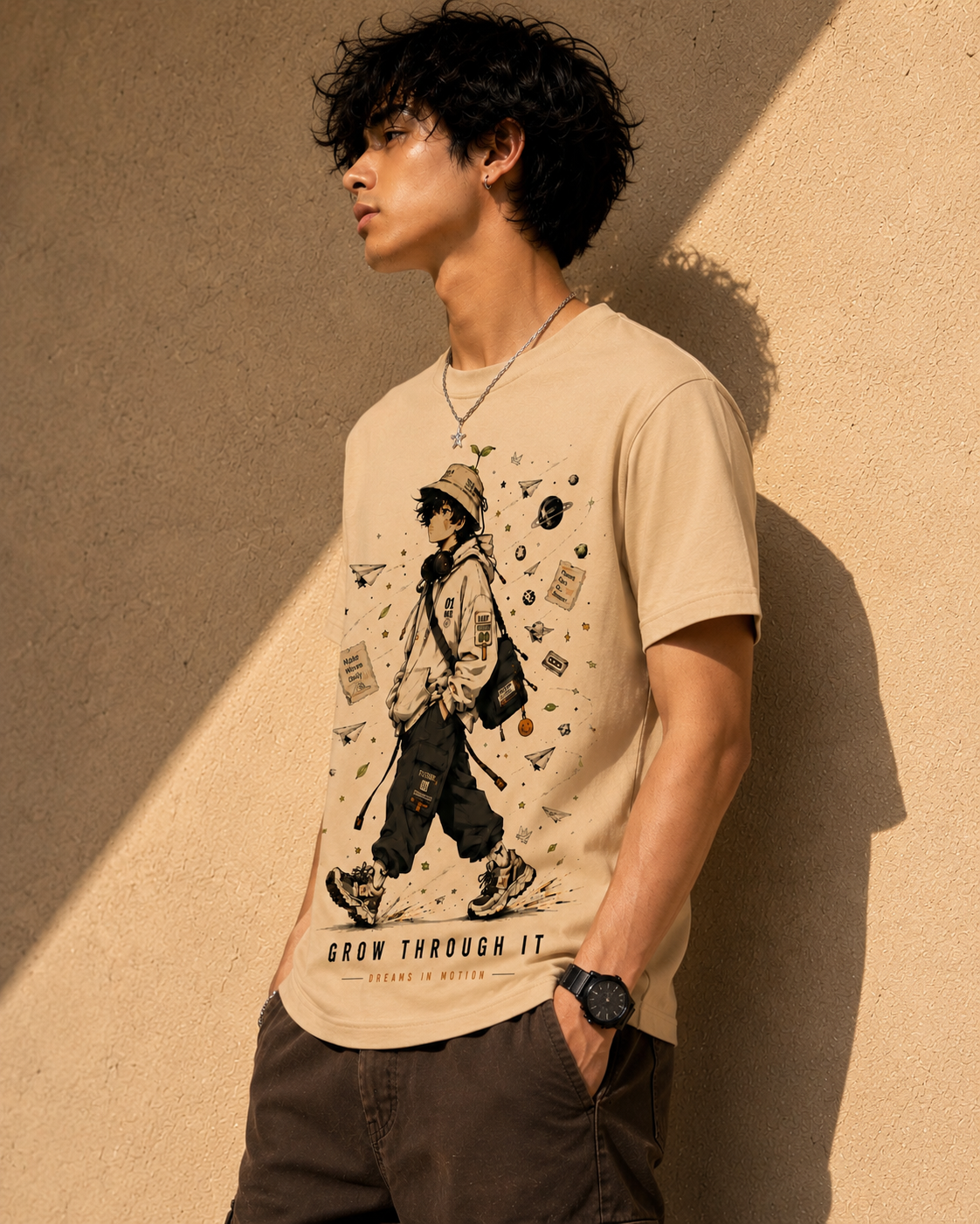 Sprout Boy Graphic T-Shirt | Beige Cotton Casual Tee